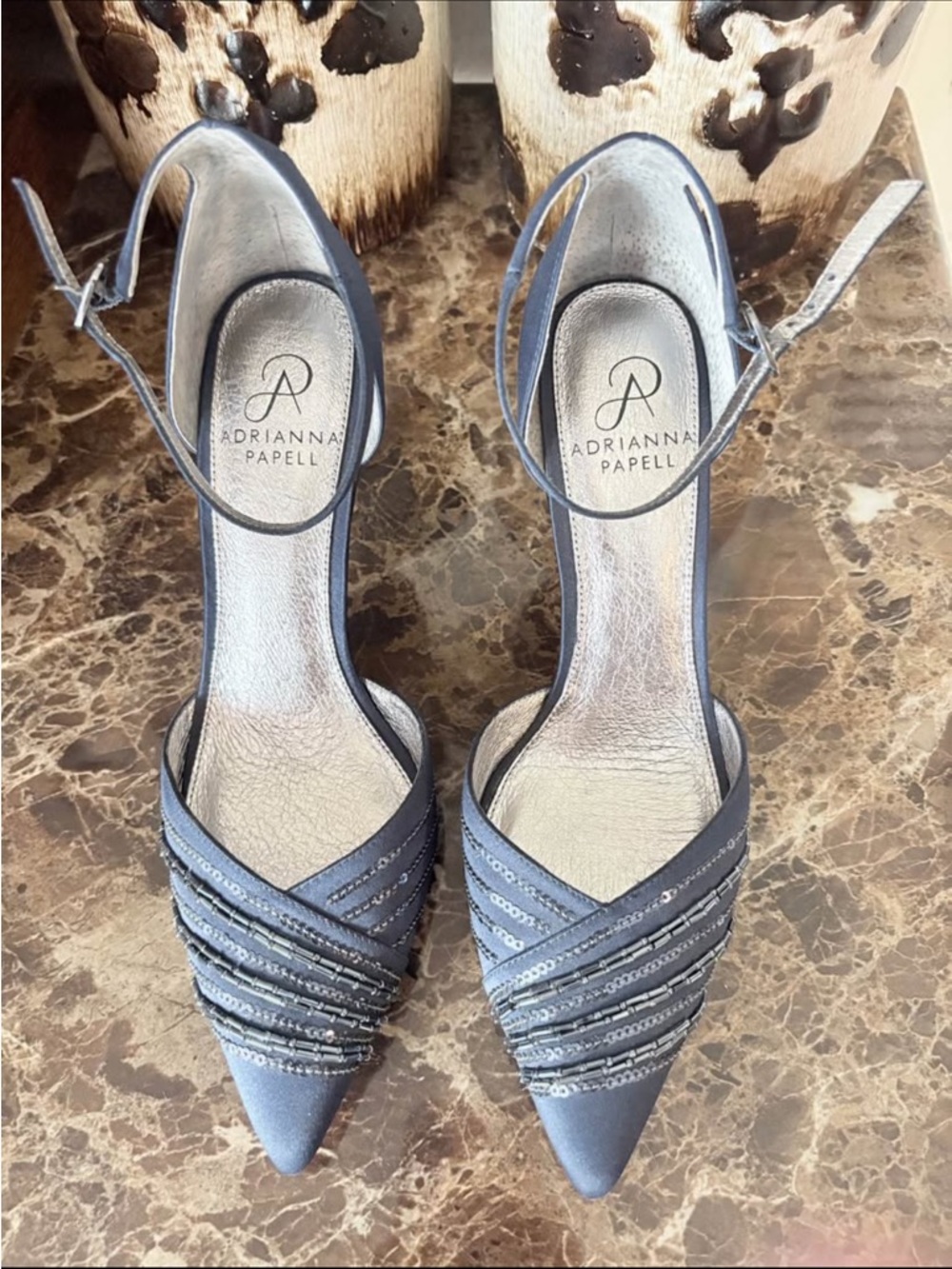 Adrianna Papell Steel Blue Pointed-Toe Slingback Heels with Sequins